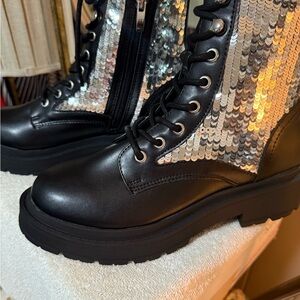 Nine West Black and Silver Sequin Combat Boots